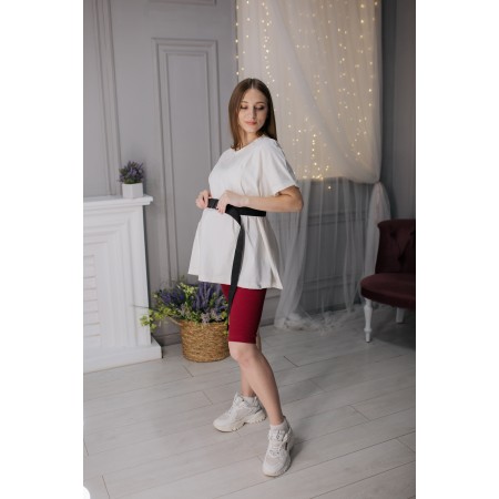 Комплект для вагітних червоны велосипедки в рубчик і молочна футболка оверсайз 